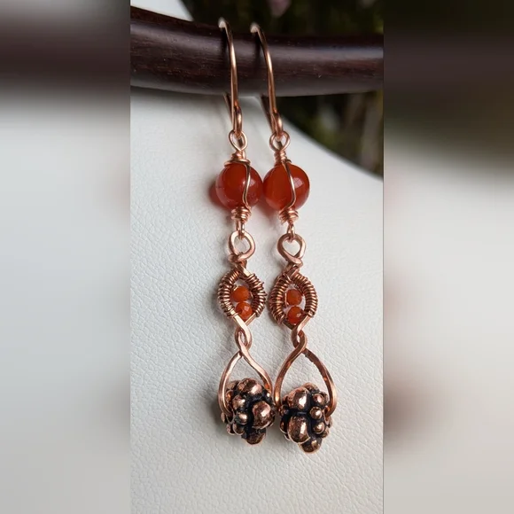 Copper Dangle Earrings Orange-Red Carnelian Agate Artisan Crafted - Picture 5 of 16